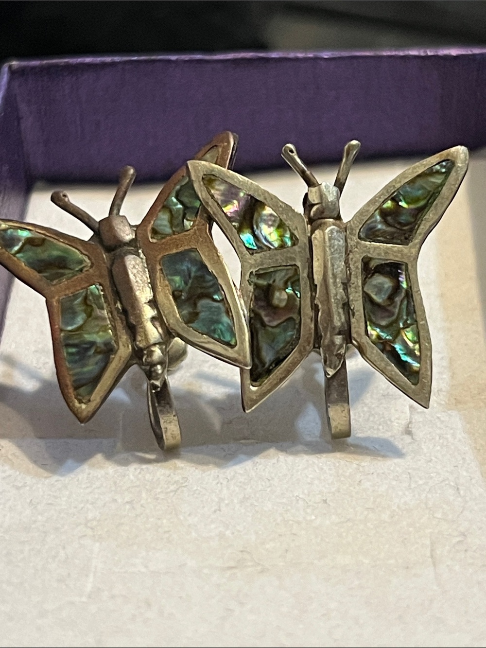Vintage Sterling Silver Abalone Butterfly Screw Back Earrings - Picture 2 of 9